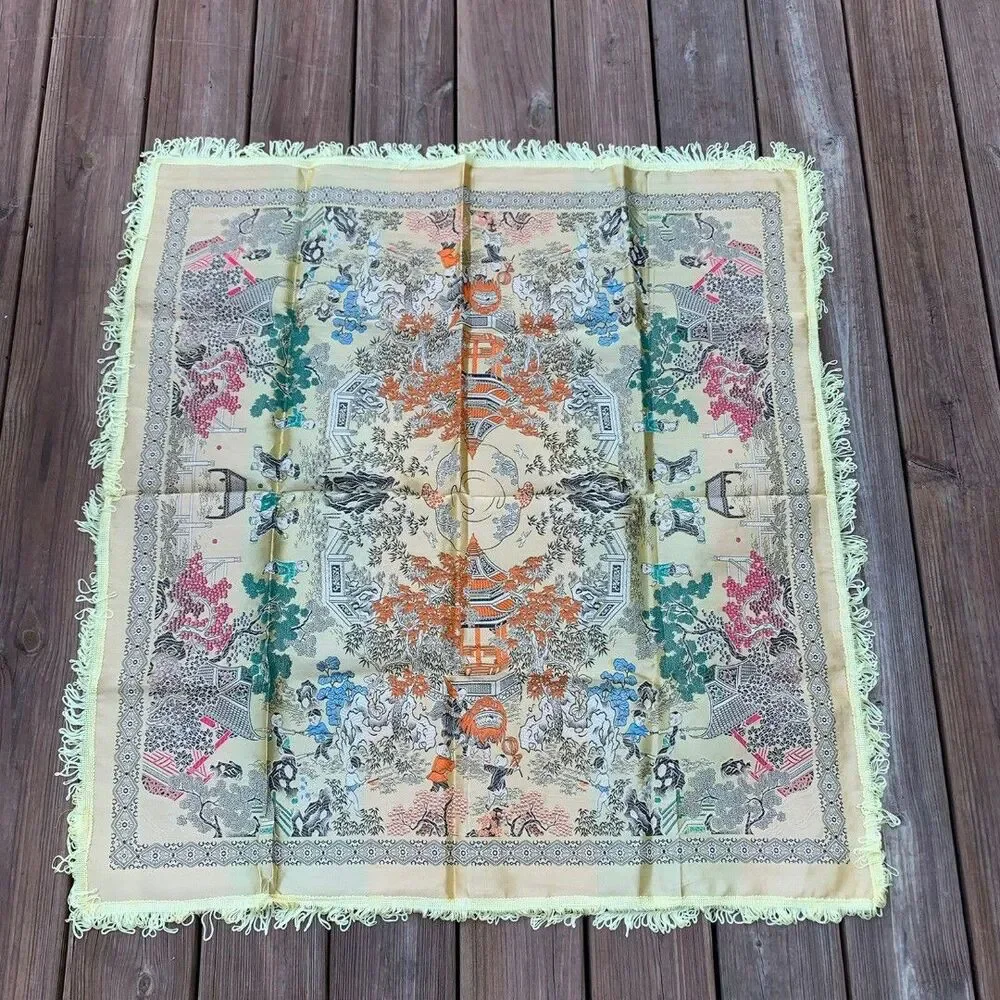 Vintage Asian Oriental Silk Brocade Reverse Image Weave Gold Table 39” X 36”